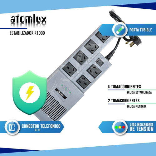 Estabilizador de tensión Atomlux Linea R R1000@ 1000VA entrada y salida de 220V blanco