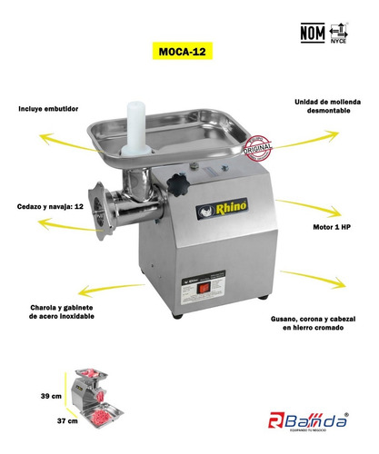 Imagen 2 de 4 de Molino Para Carne 1 Hp Marca Rhino Moca-12 A. Inox. Rbanda