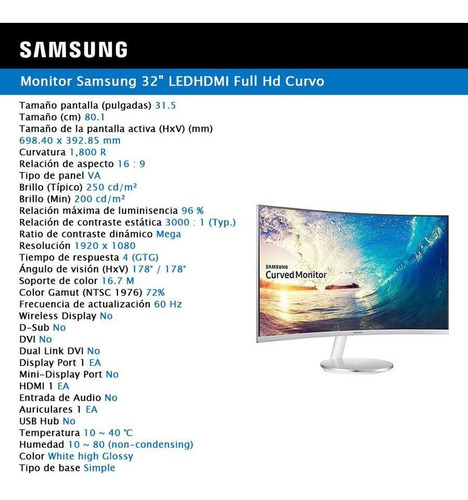 Monitor Curvo Led Samsung 32 Pulgadas Full Hd F391