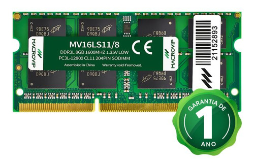 Memória Ddr3 8gb, 1600mhz, 1.35v, Macrovip - Notebook