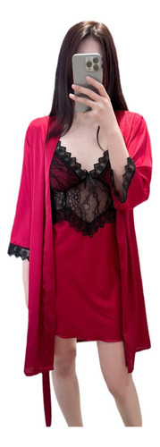 Conjunto De Pijamas De Seda Con Ribete De Encaje Para Mujer