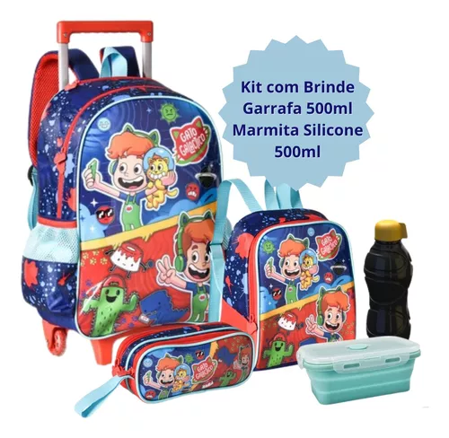 Jogo mochila carrinho rodinhas e lancheira infantil decorada - Kit