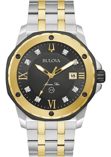 Reloj para hombre Bulova Marine Star 98d175 *diamantes, color de la correa plateado y dorado, color del bisel dorado, color de fondo negro