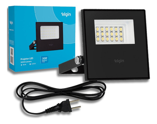 Refletor 30w Elgin Led 127/220V 6500k Ip65 Acompanha Tomada Carcaça Preto Luz Branco-frio 127/220v