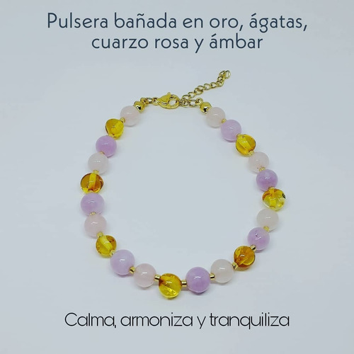 Pulsera Ámbar Báltico, Ágata Y Cuarzo Rosa, Calma Y Armoniza