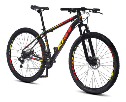 Bicicleta aro 29 KRW S60  Mountain Bike 24 velocidads câmbios Shimano Freio a Disco Suspensão dianteira Preto Amarelo e Vermelho Tamanho quadro 15.5