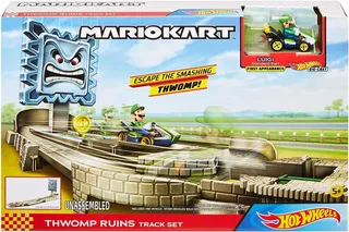 Hot Wheels Mario Kart - Pista Lanzador Thwomp Set Luigi