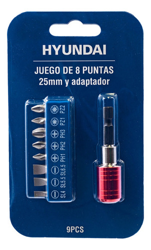 Juego Puntas P/atornillador 25mm Hyundai  (8pcs + Adaptador)