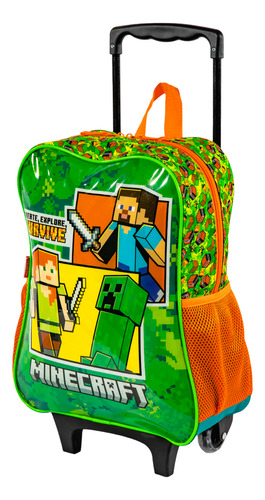 Mochila De Rodinha Escolar Minecraft Creeper Sestini Verde