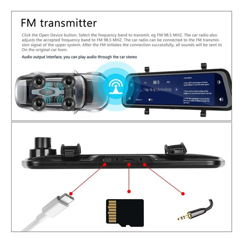 Dash Cam Mirror Camera Tela Sensível Ao Toque De 9,66
