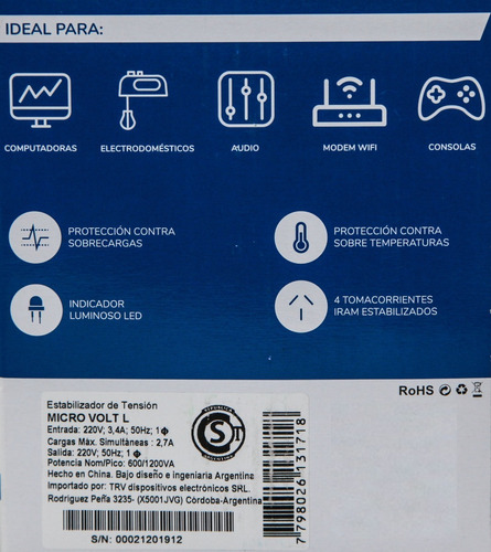 Estabilizador Tension Microvolt L 1200va Pico 4toma Trv Htec