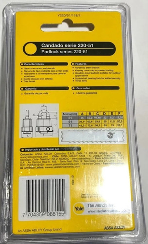 Candado Yale Intemperie Y220/51 Zinc Laminado Recubierto Pvc