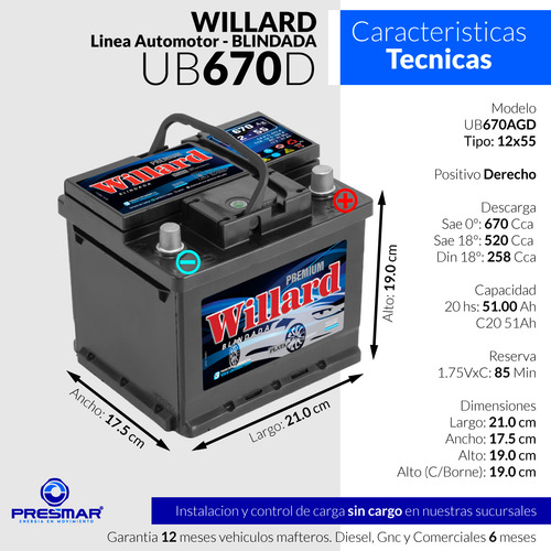 Bateria Willard Ub670d 12x55 Chevrolet Prisma 1.4