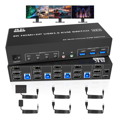 Switch Kvm 8k@60hz Displayport + 2 Hdmi Usb3.0 Para 3