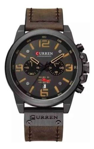 Reloj Curren 8314, Pulsera En Cuero, Cronógrafo Funcional Correa Marrón Oscuro Bisel Negro Fondo Marrón