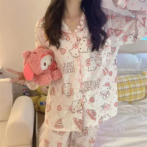 Pijamas Temporada Pijamas Mujer Cárdigan Solapa Gato Manga L