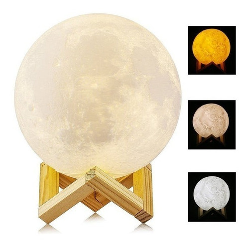 Lámpara Luna 12 Cm 3d Luz Led Colores + Base Madera