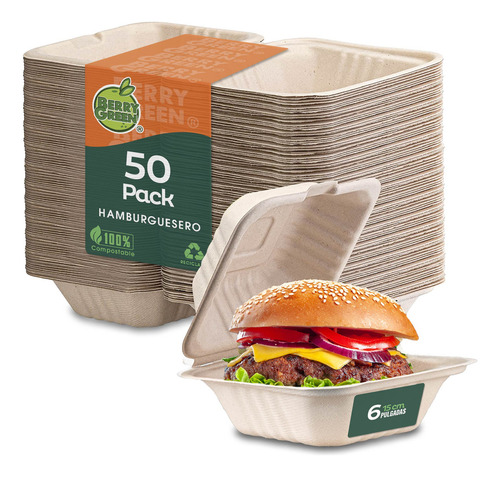 Berry Green 50 Hamburgueseros Contenedores Compostables Para Alimentos, Material de Alta Calidad, Resistente a Líquidos, Ecológico, Hecho de Fibras de Caña de Azúcar de 15 x 15 x 7.5 cm (6 Pulgadas)