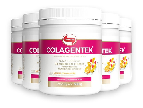 Kit 5 Colágeno Hidrolisado Colagentek Vitafor Laranja 300g Sabor Laranja Com Acerola