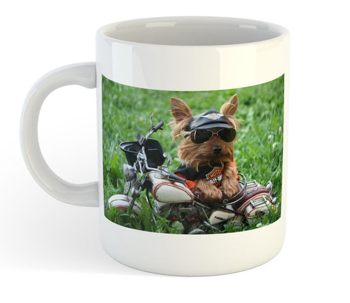 Taza De Ceramica Yorkshire Terrier Motoquero Moto Funny