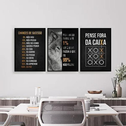 Kit 3 Quadros Motivacionais Empreender 24x18cm - Vidro Preta