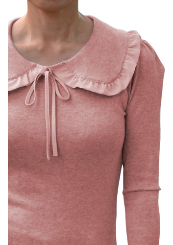 Sweater Mujer Lanilla Con Cuello Camisero Con Volado Y Lazo