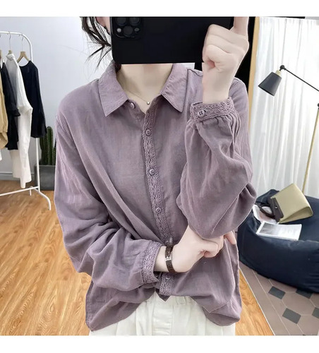 Camisa De Manga Larga Con Encaje Y Algodón Para Mujer