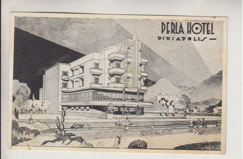 Art Deco Antigua Postal Piriapolis Hotel La Perla Dibujo B&w