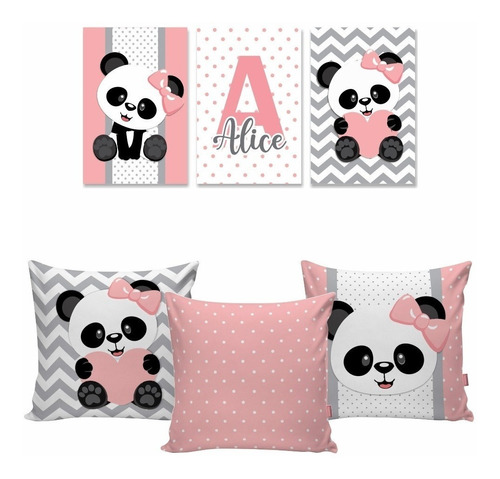 Kit 3 Quadros + 3 Capas Almofadas Panda Rosa Decoração