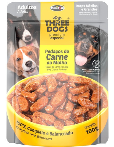 Pouch Perro Three Dogs Adulto Carne 100grs (caja X12)