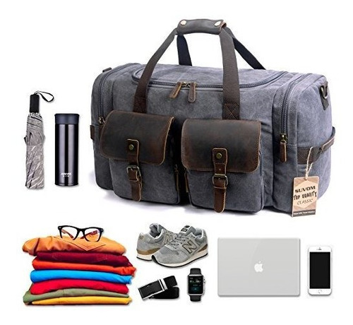 Suvom Bolso De Lona De Lona De Cuero Bolso De Viaje De Fin D