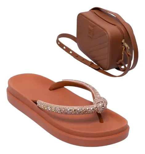 Chinelo Papete Feminino Nó Strass Brilho Leve + Bolsa de Ombro Caramelo 35-36