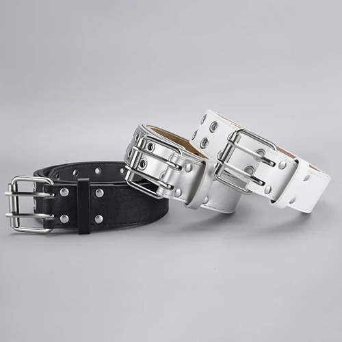 Cinturón Unisex De Piel Con Doble Hebilla Estilo Punk