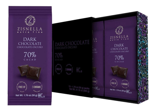 Imagen 1 de 2 de Zisnella Chocolate Oscuro Premium 70% Cacao 12 Uds De 50g 