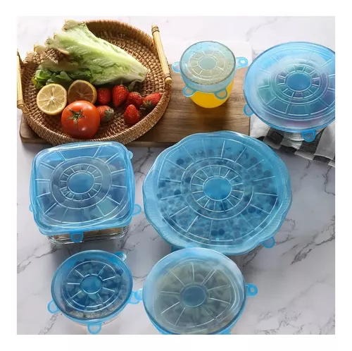 Tapas elásticas de silicona, 6 tapas elásticas redondas transparentes, 6  rectangulares azules, tapas mágicas reutilizables para tazones, tazas,  latas