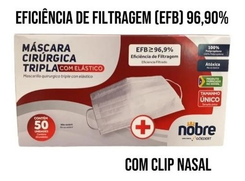 Mascara Descartável Caixa 50 Unid Com Elastico/clip Anvisa