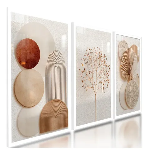 Quadros Decorativos Abstratos Geométricos Boho Neutro 122x60 Cor Branco Armação Infinita