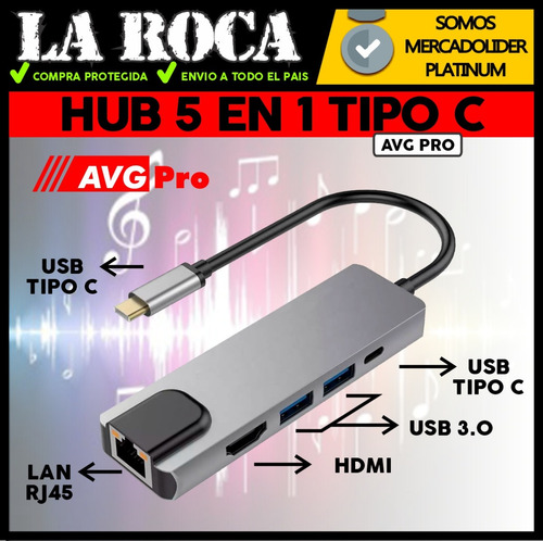 Imagen 3 de 10 de Adaptador Hub 5 En 1 Usb C Macbook Pro Hdmi Rj45 Usb Cuo