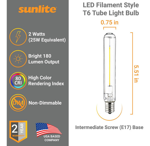 Filamento Led Sunlite T6 T65 Tubular Bulb, 2 W 180