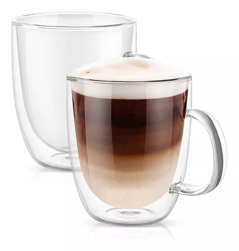  PunPun Juego de 4 tazas de café grandes de vidrio transparente,  tazas de café de café transparentes, tazas grandes de vidrio de boca ancha  con mango grande, tazas de café calentables