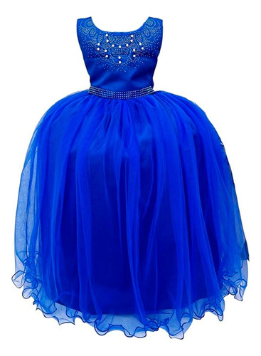Vestido Infantil Damas De Honra Longo Azul Royal Pérolas