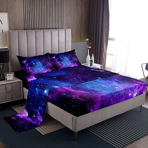 Juego De Ropa De Cama De Galaxia Morada, Tamaño Individual.