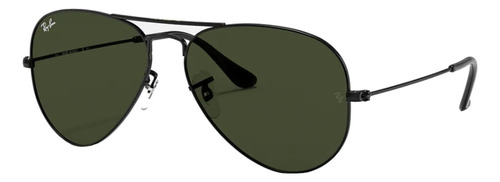Anteojos de sol Ray-Ban Aviator Classic Standard con marco de metal color polished black, lente green de cristal clásica, varilla polished black de metal - RB3025