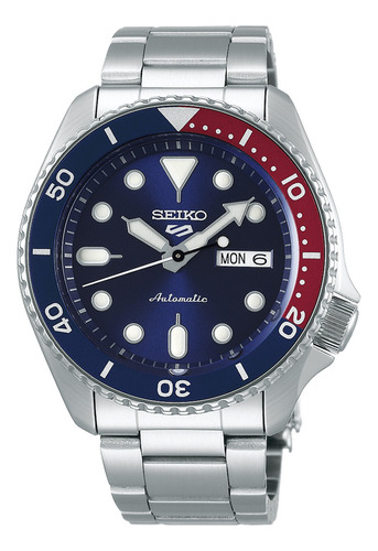 Relógio Seiko 5 Sports Srpd53 Automático Pepsi 4r36 Cor da correia Prateado Cor do bisel Azul e Vermelho Cor do fundo Azul