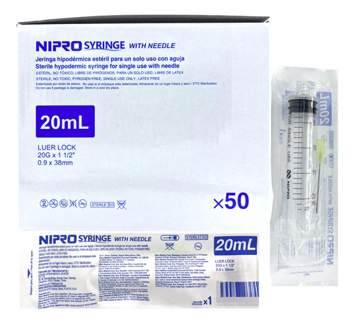Jeringa HiPodérmica 20 Ml Aguja 20g X 38mm Nipro Caja Con 50