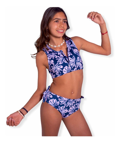 Imagen 1 de 6 de Malla Bikini Surf Niña Uv Upf50+ Top Cierre + Bombi Flores
