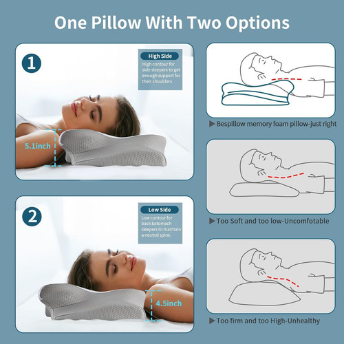 Almohada cervical viscoelástica ergonómica para aliviar el dolor de cuello, ideal para dormir boca abajo, con funda transpirable.