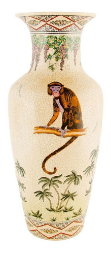 Vaso Em Cerâmica Craquelê Com Pintura De Macacos E Coqueiros