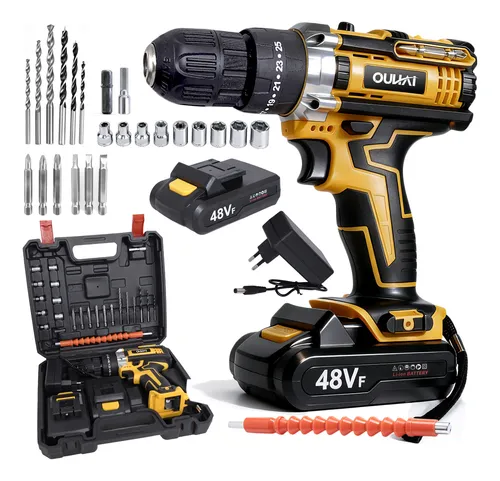 Parafusadeira Furadeira 48v Profissional 2 Baterias Sem Fio Amarelo