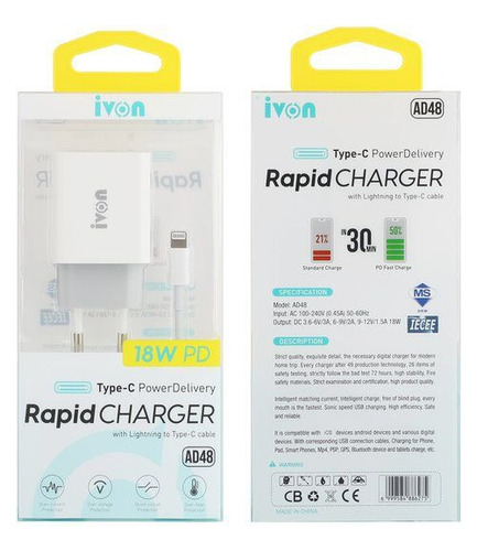 Cargador Carga Rapida 18w + Cable Para iPhone Ivon